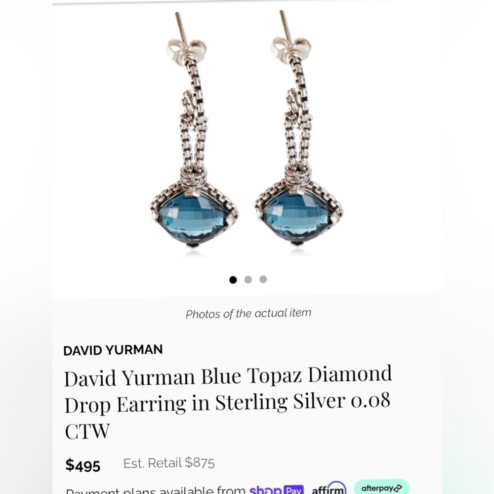 David Yurman Blue Topaz Diamond Elegant Silver and  Drop Earrings